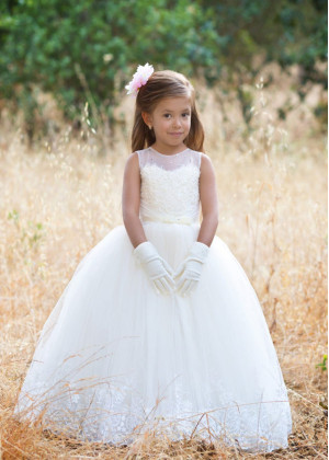 Beaded Ivory Lace Tulle Sweet Flower Girl Dress With Bow